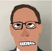 a cartoon drawing of a man wearing glasses and a suit making a funny face