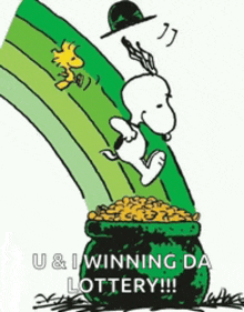 a cartoon of snoopy and woodstock jumping out of a pot of gold