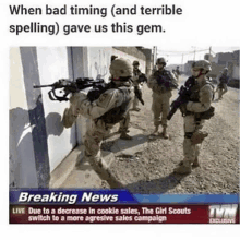 a group of soldiers are standing in front of a building with guns .