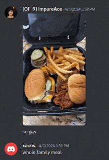 a picture of a hamburger and french fries in a styrofoam container with a caption that says so gas