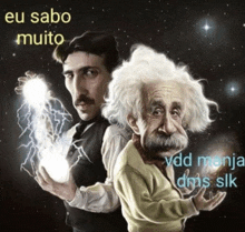 a cartoon of einstein and nikola tesla with the words eu sabo muito