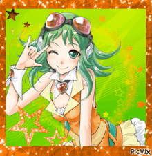 a picture of a girl with green hair and headphones has the word picmix on the bottom right