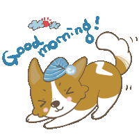 a brown and white dog with a blue hat on its head and the words " good morning " below it