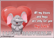 a cartoon elephant is holding a heart and says " all my kisses and hugs are only for you my love ! "