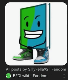 a picture of a green and blue book with a smiling face and feet