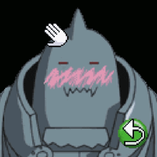 a pixel art drawing of a robot with a hand on its head and a green button .