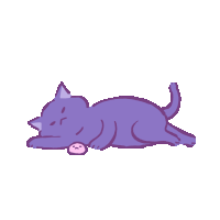 a purple cat laying down with a pink paw on its chest