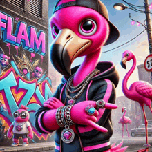 a pink flamingo is standing in front of a wall that says flam