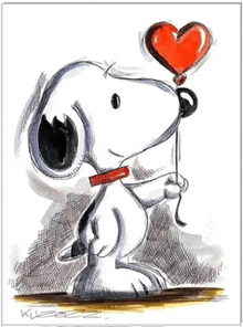 a drawing of snoopy holding a heart shaped balloon in his mouth .