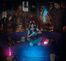 a girl is sitting on a couch surrounded by horror characters including freddy krueger and michael myers