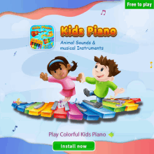 an advertisement for kids piano shows a boy and a girl playing the piano