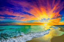 a colorful sunset over a beach with waves crashing on the sand