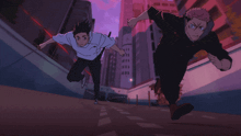 two anime characters are running down a street in a city