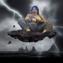 a woman in a yellow shirt is sitting on a rock with lightning in the background