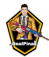 a man in a suit and tie is holding a purple gun with the name realpinak below him