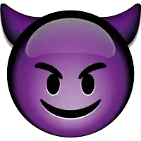 a purple devil emoji with horns and a smiling face