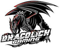 a logo for dracolich gaming shows a dragon with red wings