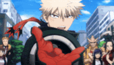 a cartoon character with a red hand reaching out towards someone