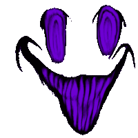 a purple and black smiley face with a very long tongue