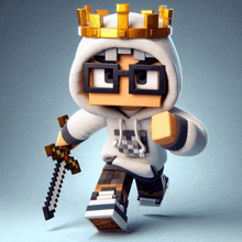 a cartoon character wearing a white hoodie and a crown holds a sword