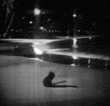 a black and white photo of a cat laying on the ground at night