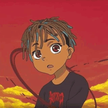 a cartoon of a boy with dreadlocks wearing a black shirt and a red background .