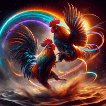 a painting of two roosters standing next to each other with a colorful background