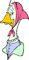 a cartoon of a duck wearing a pink head scarf and pearls