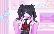 a pixel art of a girl covering her mouth