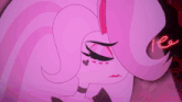 a close up of a cartoon character 's face with a neon sign that says re in the background