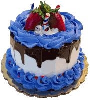 a blue and white cake with strawberries on top of it