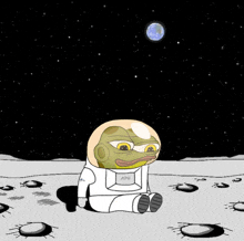 a cartoon of a frog wearing a space suit with apu written on the chest