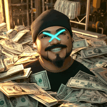 a man with a beard is surrounded by a pile of money with one hundred dollar bills in the foreground