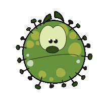 a cartoon illustration of a green bacteria with a sad face