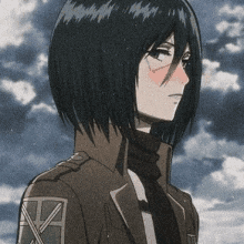 mikasa ackerman from attack on titan is wearing a jacket and tie and has a red cheek .