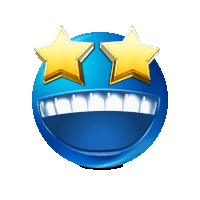 a blue smiley face with two gold stars in the eyes