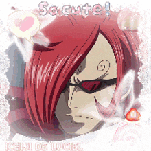 a picture of a girl with red hair and the words so cute written on it