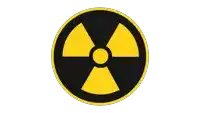 a yellow and black circle with a nuclear symbol inside of it