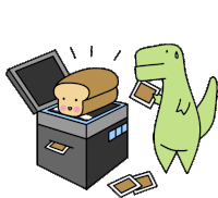 a cartoon drawing of a dinosaur holding a slice of bread