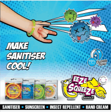 an advertisement for eeze squeeze bangle shows a hand pointing at a virus