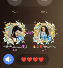 a man and a woman are on a phone screen with hearts and a sound button