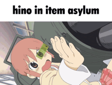 a cartoon of a girl with the words " hino in item asylum " above her