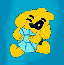 a yellow cartoon dog is holding a blue ball in its mouth