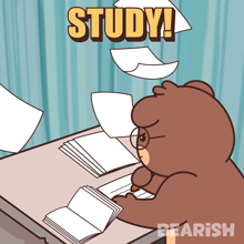 a cartoon of a bear sitting at a desk with papers flying around him and the words study above him