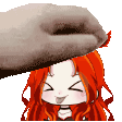 a cartoon girl with red hair is being patted on the head by a person .