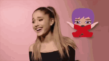 a woman with purple hair is smiling next to a cartoon of a girl with a red cross on her face