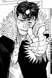 a black and white drawing of a man pointing his finger at the camera