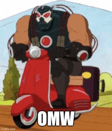 a cartoon character is riding a red scooter with the words `` omw '' written on it .