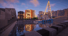 a blue boat is docked in a harbor in a minecraft world