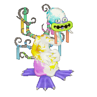 a cartoon drawing of a colorful monster with a purple foot